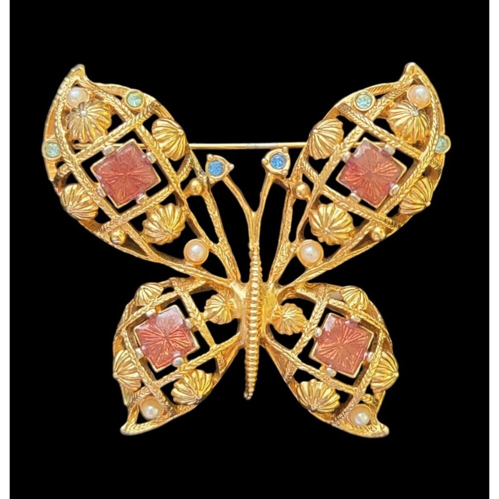 Vintage AVON Gold-Tone Filigree Butterfly Brooch Rhinestone & Faux Pearls Signed